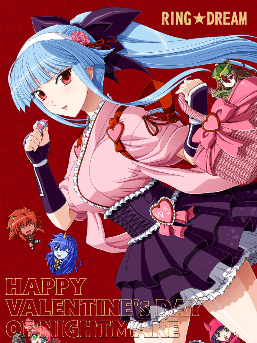 6+girls, alternate_costume, basket, blue_hair, breasts, chocolate, flower, hairband