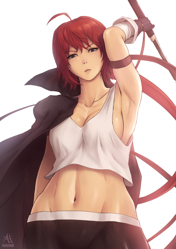 1girl, ahoge, arm_at_side, arm_up, armpits, bandaged_arm, bare_shoulders, bike_shorts