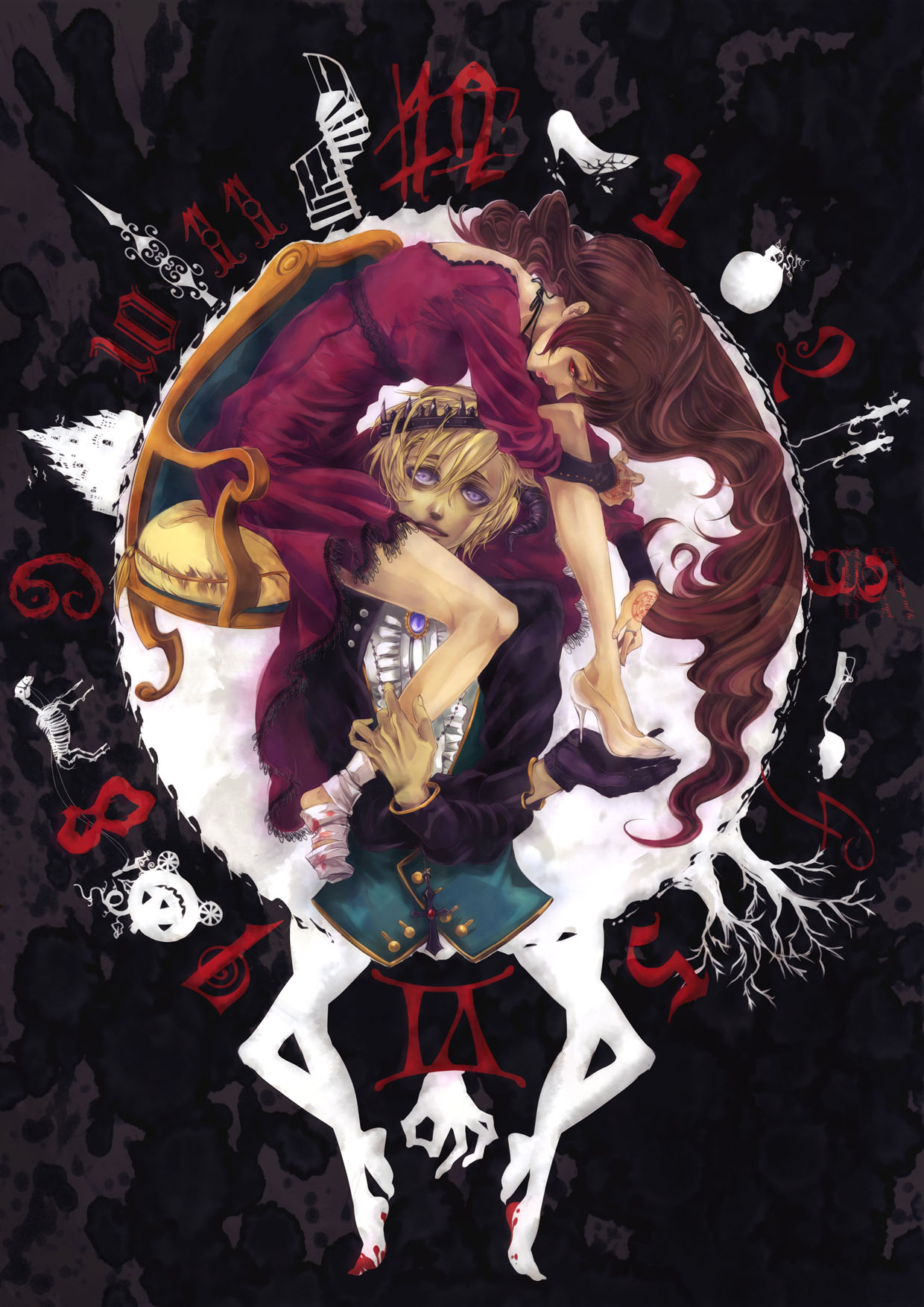 bandage, blonde_hair, blood, brown_hair, carriage, carrying, castle, chair