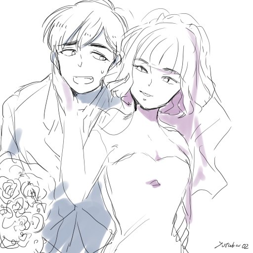 1boy, 1girl, bouquet, bridal_veil, dobusu_(osomatsu-san), dress, flower, hand_on_another's_face, hand_on_hip, looking_at_another, matsuno_karamatsu, osomatsu-kun, osomatsu-san, sketch, sweatdrop, tuxedo, twitter_username, upper_body, veil, wavy_hair, wedding_dress, yotsuba_(mayuge83)