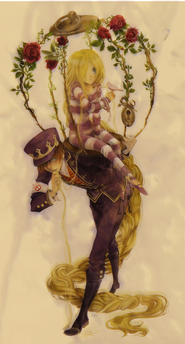 bird, bird_on_hand, blind, blonde_hair, blue_eyes, boots, braid, cage