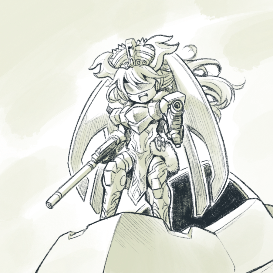 1girl, alvaaron, alvatore, beam_rifle, dress, dual_wielding, energy_gun, fur_trim