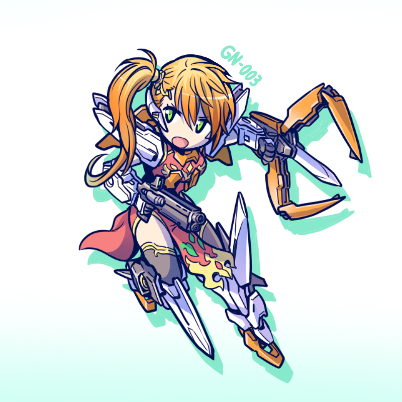 1girl, beam_rifle, black_legwear, china_dress, chinese_clothes, claw_(weapon), dress, energy_gun, green_eyes, gundam, gundam_00, ishiyumi, kyrios, leilan_(p&amp;d), long_hair, mecha_musume, open_mouth, orange_hair, puzzle_&amp;_dragons, shadow, side_ponytail, solo, thigh-highs, weapon