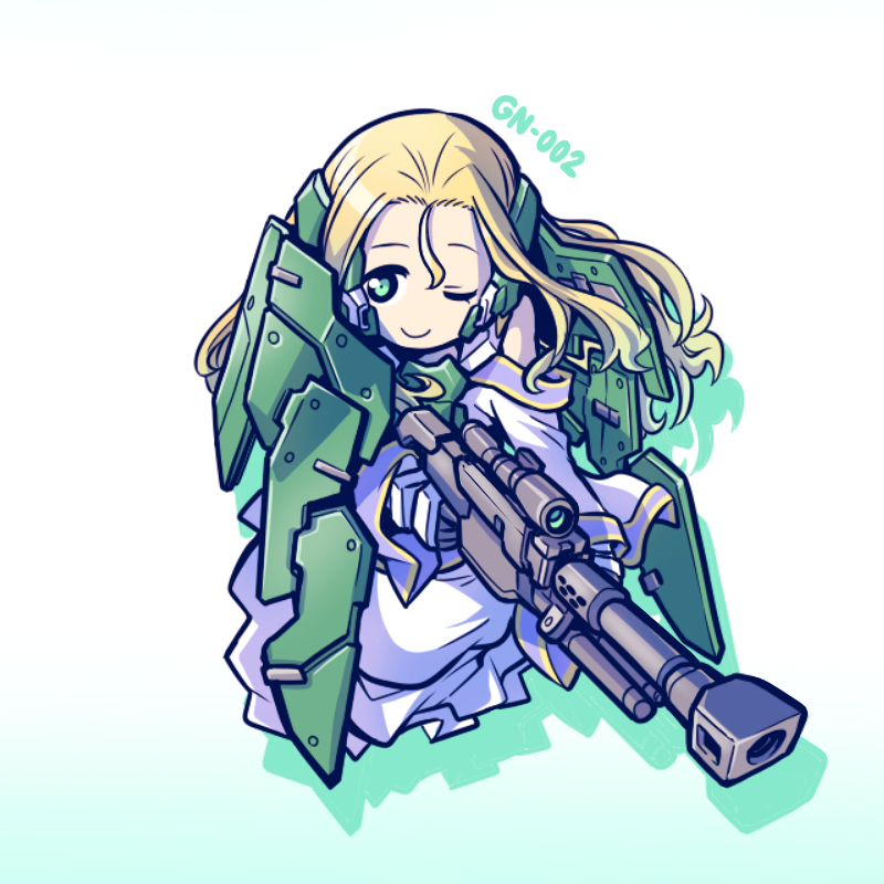 1girl, bare_shoulders, blonde_hair, chinese_clothes, dress, dynames, green_eyes, gun