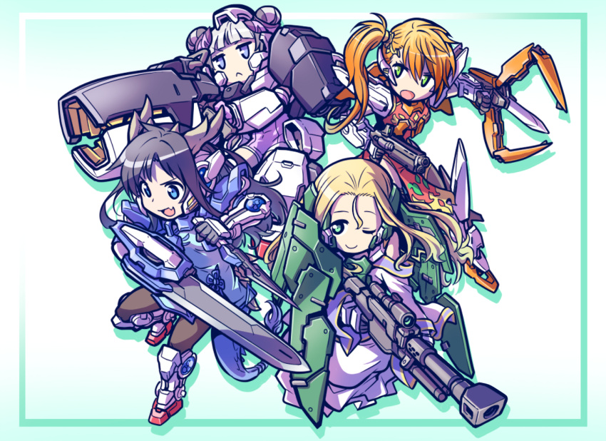 4girls, :<, beam_rifle, black_hair, black_legwear, blonde_hair, blue_eyes, china_dress