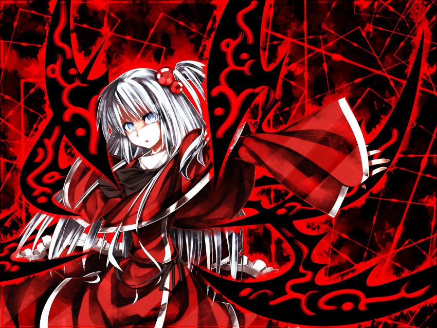 highres, kazetto, long_hair, multiple_wings, outstretched_arm, shinki, side_ponytail, silver_hair