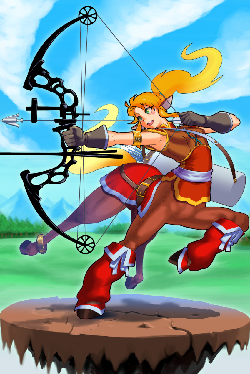 1girl, :d, animal_ears, armpits, black_gloves, blonde_hair, bow_(weapon), centaur