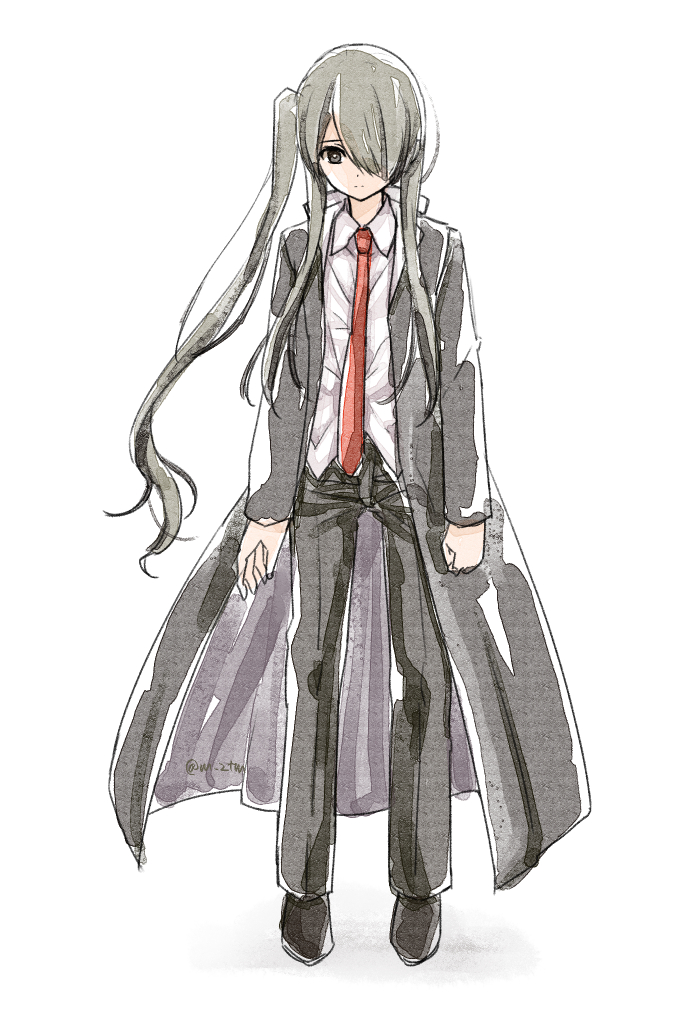 androgynous, full_body, gakuran, hair_over_one_eye, long_coat, long_hair, mizutama, necktie