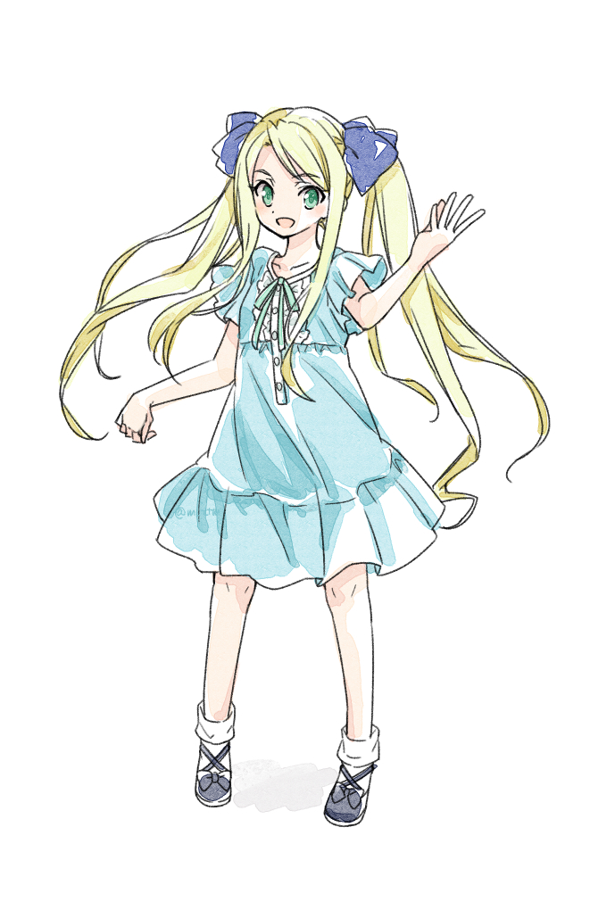 1girl, blonde_hair, dress, flat_chest, full_body, green_eyes, hair_ribbon, loose_socks
