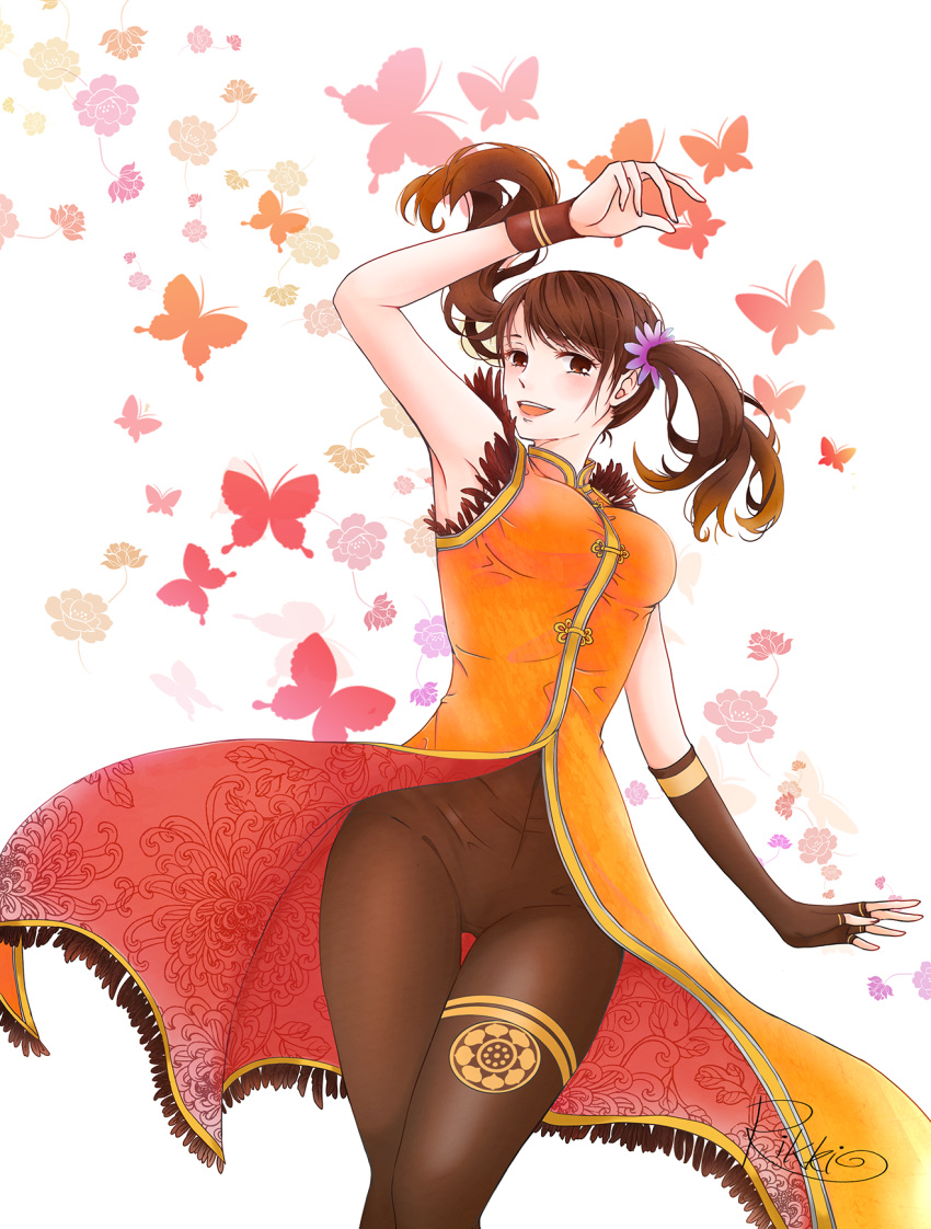 1girl, alternate_costume, armpits, black_legwear, bracer, brown_eyes, brown_hair, butterfly