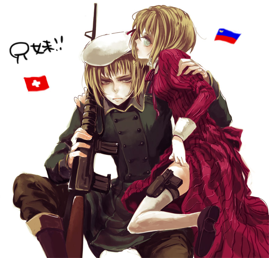 axis_powers_hetalia, beret, blonde_hair, dress, dress_lift, flag, garters, gun