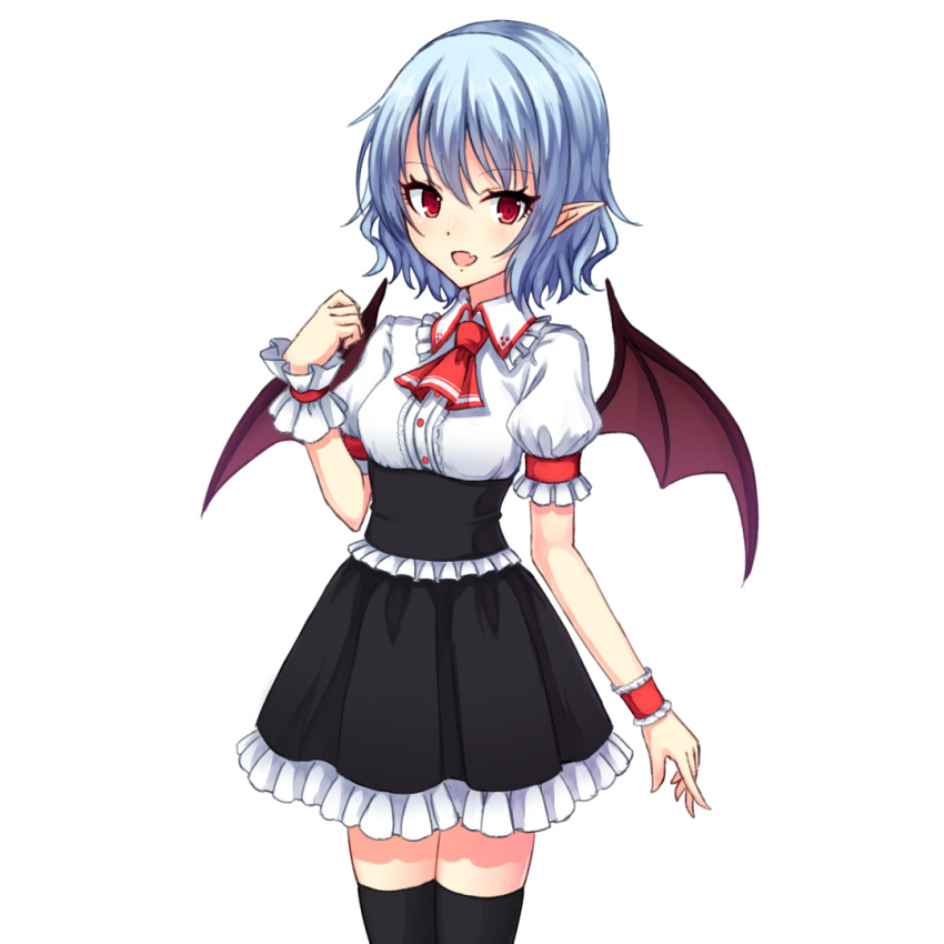 1girl, alternate_costume, armband, bat_wings, black_legwear, black_skirt, blue_hair, blush