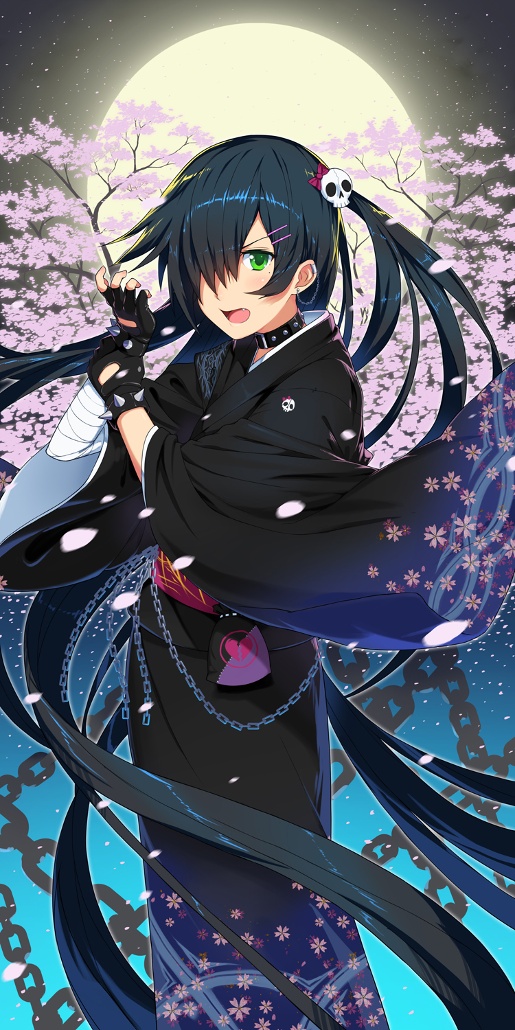 1girl, bandaged_arm, black_hair, bracelet, chain, cherry_blossoms, chuunibyou, earrings