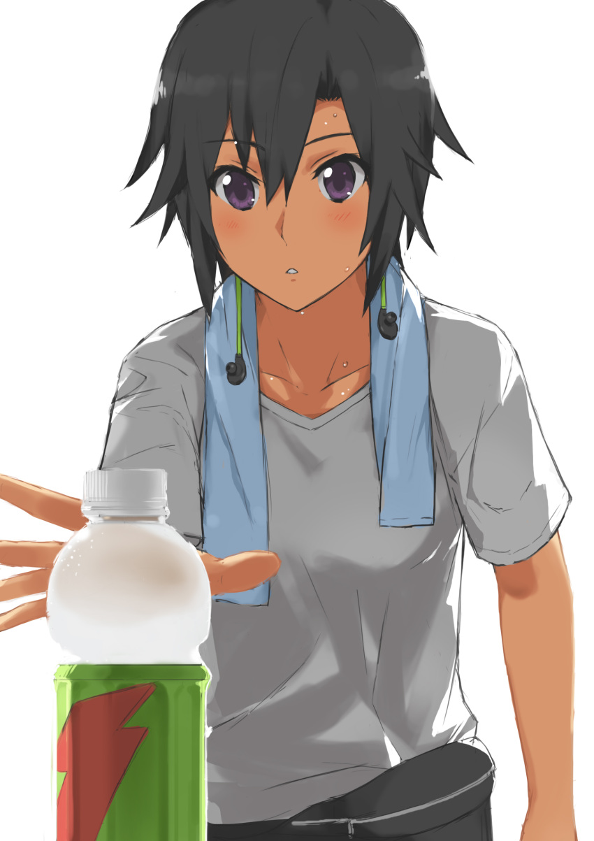 1girl, black_hair, commentary, earbuds_around_neck, earphones, earphones, gatorade, highres