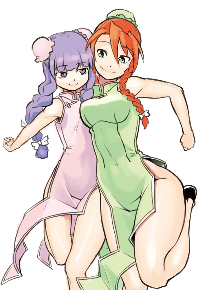 2girls, alternate_costume, alternate_hairstyle, bags_under_eyes, braid, breast_envy, bun_cover, china_dress
