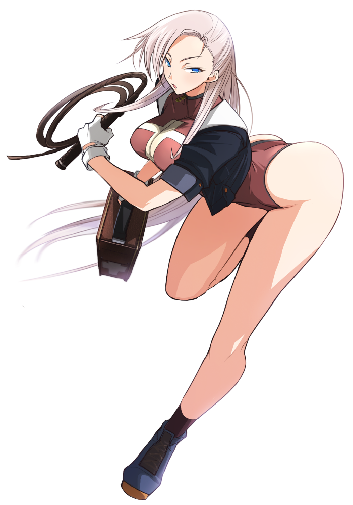 1girl, :o, blue_eyes, blush, breasts, cropped_jacket, cross, gloves, large_breasts, leaning_forward, leotard, long_hair, looking_at_viewer, prima_hononoman, rance_(series), rance_quest, rance_vi, silver_hair, solo, whip, white_background, white_gloves, yanazuri_(kimossari337)