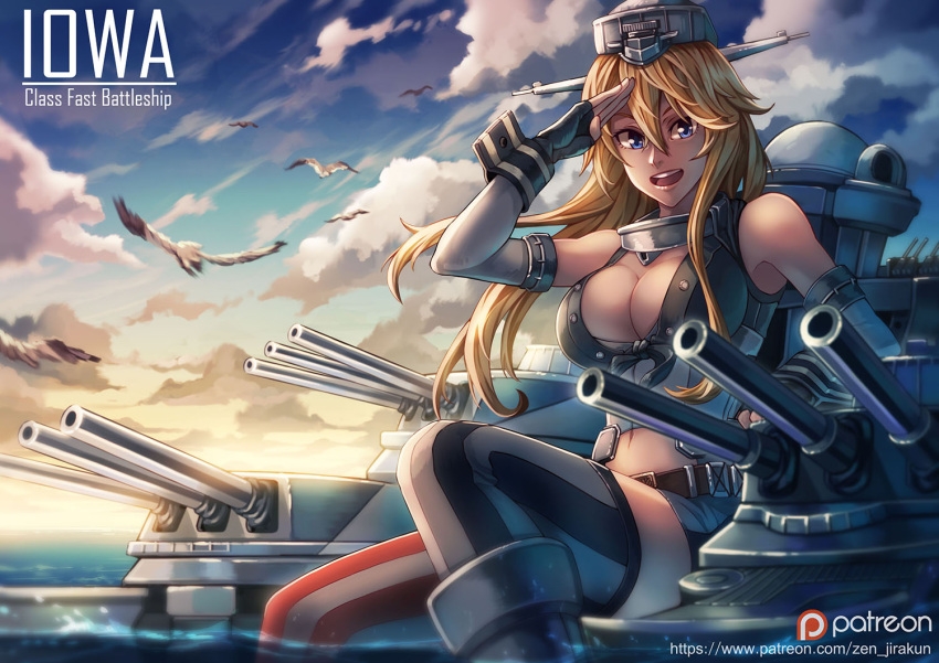 1girl, :d, bird, blonde_hair, blue_eyes, breasts, cleavage, clouds, cloudy_sky, headgear, iowa_(kantai_collection), kantai_collection, long_hair, looking_at_viewer, machinery, navel, ocean, open_mouth, salute, seagull, sitting, sky, smile, solo, turret, watermark, web_address, zen_(jirakun)