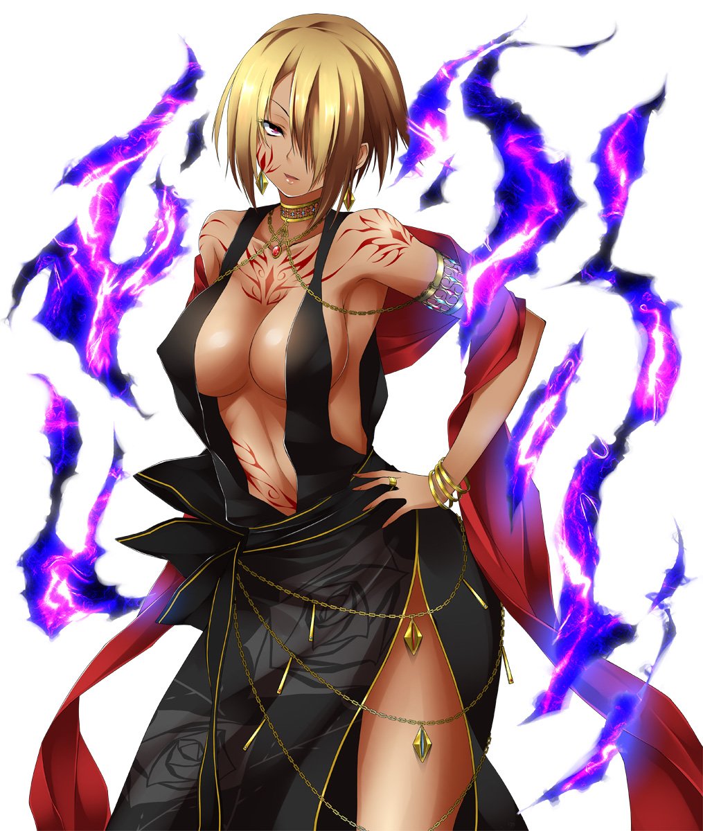1girl, armpits, aura, bare_shoulders, black_dress, blonde_hair, blue_rabbit, bracelet, breasts, choker, cleavage, covered_nipples, dark_skin, dress, facial_mark, gaya_ayuri, hair_over_one_eye, hand_on_hip, highres, hip_vent, jewelry, red_eyes, revealing_clothes, shawl, short_hair, sideboob, sleeveless, solo, taimanin_asagi_kessen_arena, tattoo, white_background