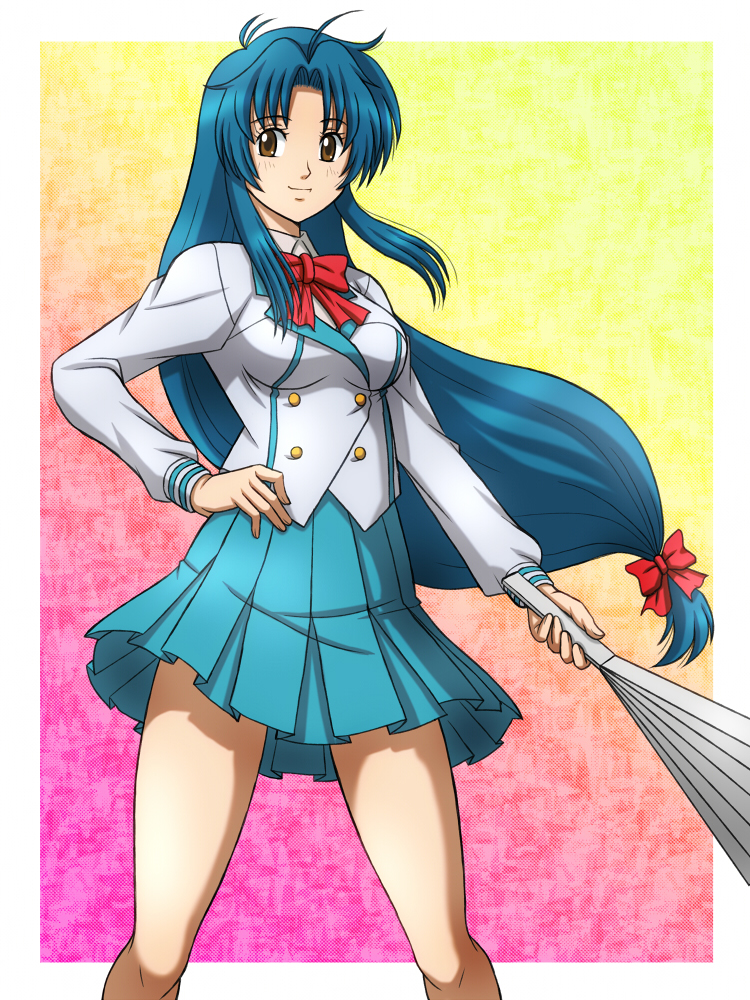 1girl, blue_hair, brown_eyes, chidori_kaname, fan, fujii_satoshi, full_metal_panic!, hair_ribbon