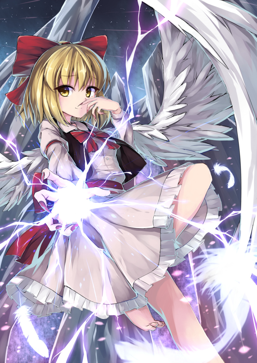1girl, absurdres, arm_garter, barefoot, blonde_hair, bow, bowtie, dress, electricity, feathered_wings, feathers, fingernails, frilled_dress, frills, gengetsu, hair_bow, highres, iwashi_(nisankatanso), long_fingernails, long_sleeves, looking_at_viewer, nail_polish, outstretched_arm, red_bow, red_nails, rock, short_hair, solo, touhou, touhou_(pc-98), white_wings, wings, yellow_eyes