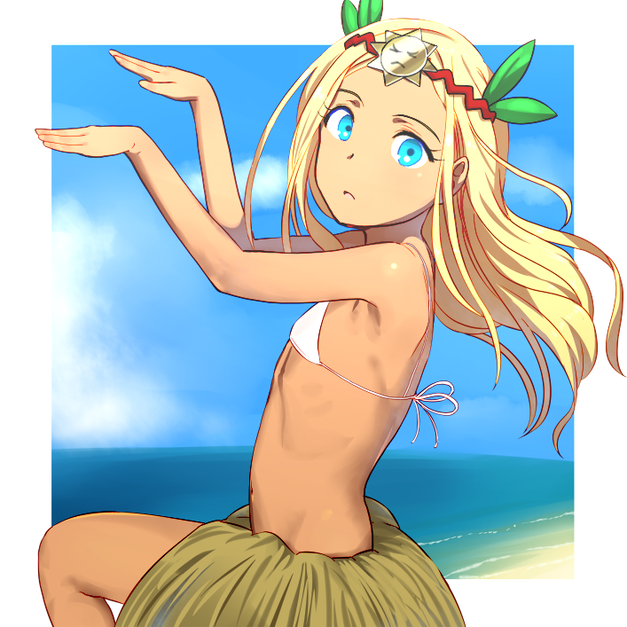 1girl, aqua_eyes, bare_shoulders, beach, bikini_top, blonde_hair, blue_sky, dancing