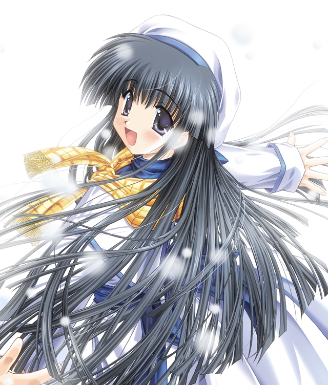 black_hair, dress, hat, long_hair, outstretched_arms, scarf, snow, snow_(game)