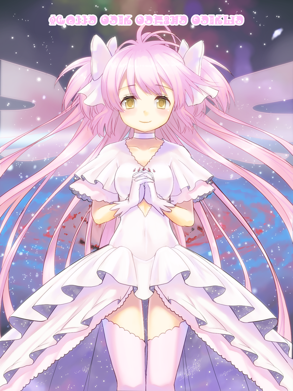 1girl, bow, dress, feathered_wings, gloves, goddess_madoka, hair_bow, kaname_madoka