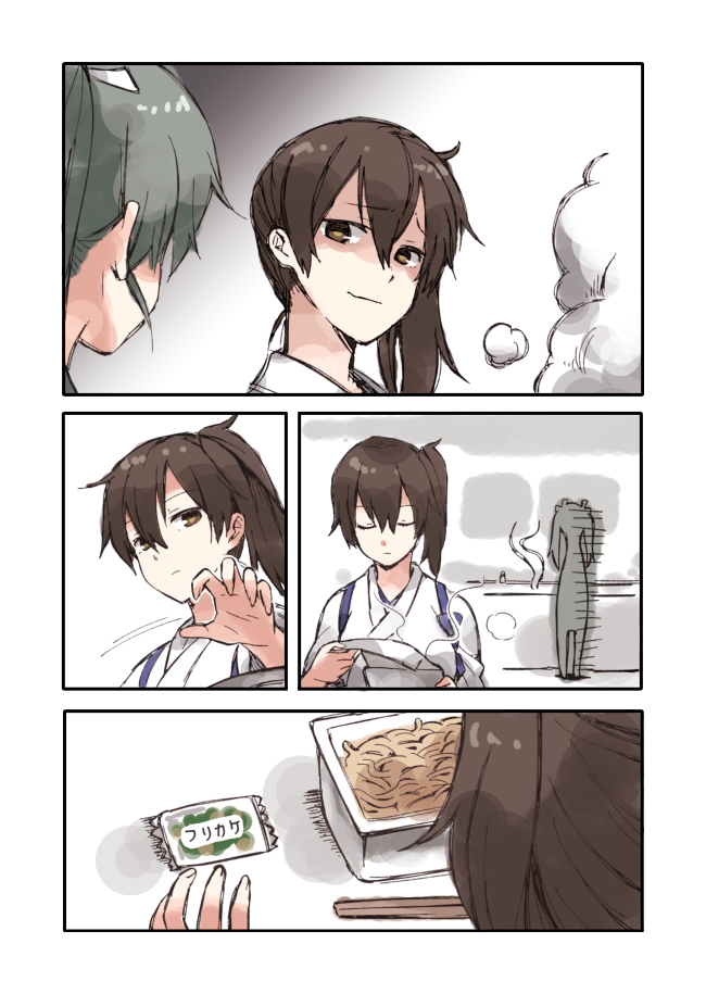 2girls, comic, kaga_(kantai_collection), kantai_collection, multiple_girls, silent_comic, smug, yakisoba_spill