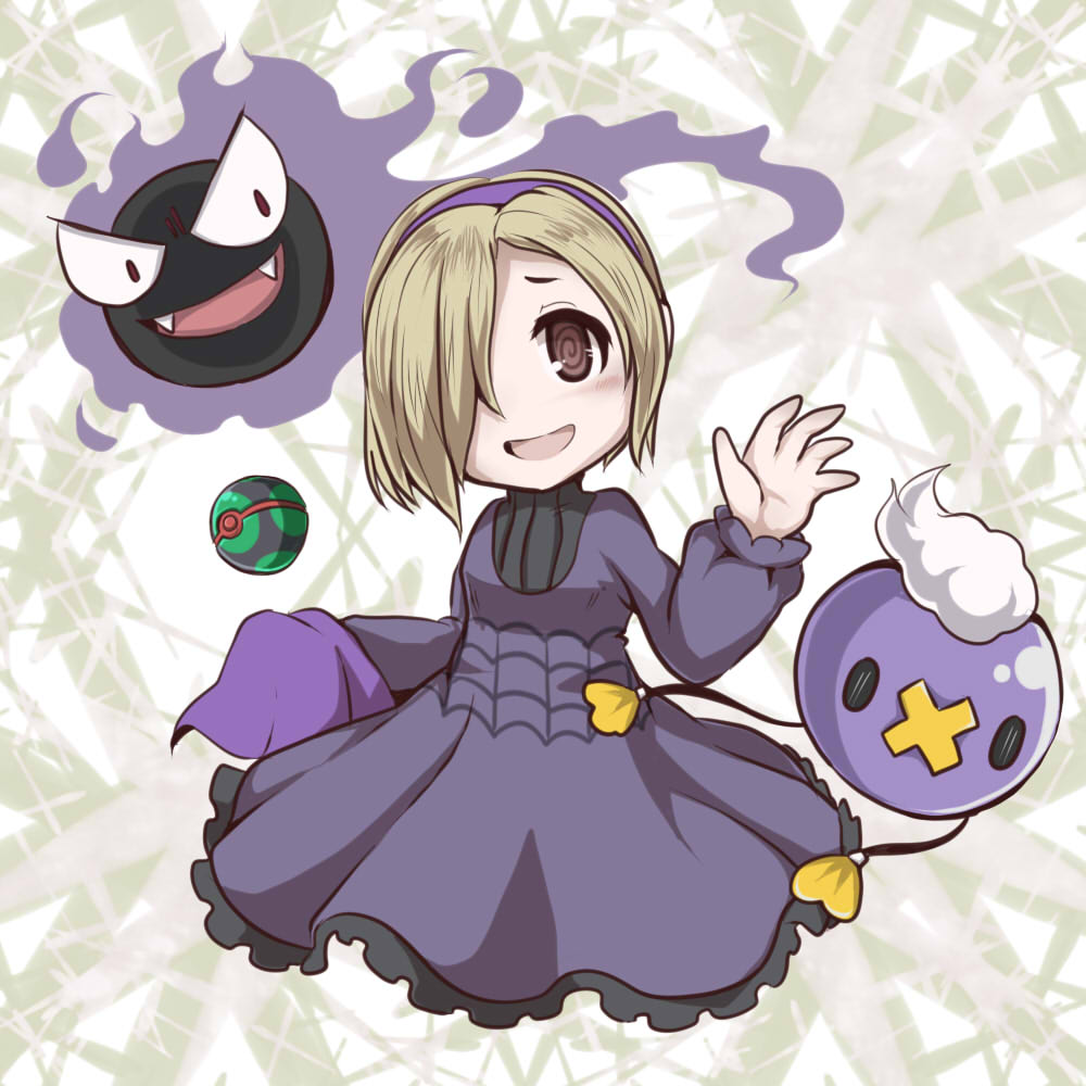 1girl, @_@, blonde_hair, blush, dress, drifloon, dusk_ball, gastly