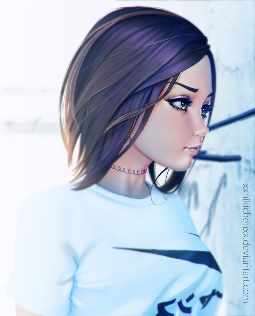 1girl, black_hair, face, green_eyes, highres, lips, long_hair, nose