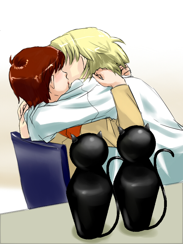 2girls, akagi_ritsuko, bangs, blonde_hair, blush, brown_hair, hug, ibuki_maya