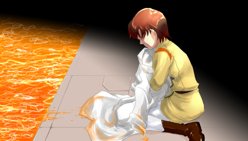 1girl, bangs, boots, brown_eyes, brown_hair, ibuki_maya, labcoat, neon_genesis_evangelion