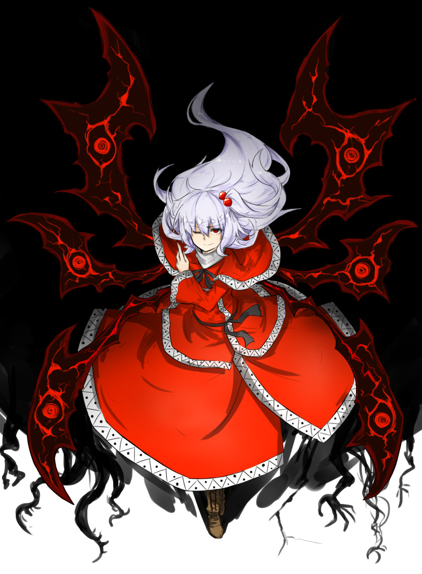 1girl, capelet, dark, hair_bobbles, hair_ornament, highres, kan_(aaaaari35), long_hair