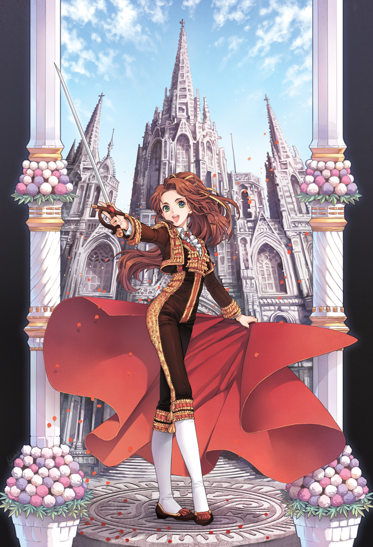 barcelona, brown_hair, building, cape, cathedral, cathedral_of_santa_eulalia, church, cloud, clouds, cropped_jacket, cross, earrings, flat_chest, flower, gothic_architecture, green_eyes, hair_ribbon, happy, jewelry, long_hair, matador, nardack, original, petals, ponytail, rapier, ribbon, sable, shoes, sky, smile, spain, sword, very_long_hair, weapon
