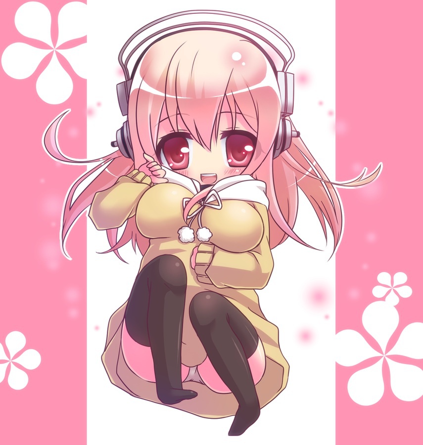 1girl, blush, breasts, chibi, headphones, large_breasts, long_hair, looking_at_viewer
