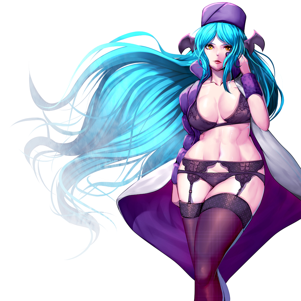 1girl, arm_at_side, bat_wings, black_bow, black_bra, blue_hair, bow, bra