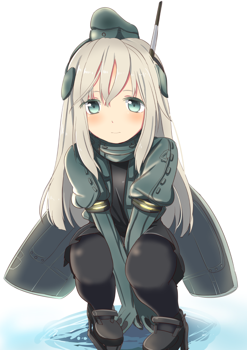 1girl, between_legs, black_legwear, blonde_hair, blush, cropped_jacket, garrison_cap, green_eyes
