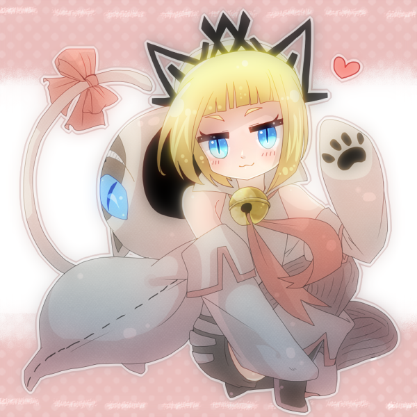1girl, animal_costume, bad_id, bad_pixiv_id, bangs, bell, bell_collar, binbougusa, blonde_hair, blue_eyes, blush, bow, bravely_default_(series), bravely_second:_end_layer, cat_costume, cat_tail, collar, heart, minnete_napkatti, sitting, solo, tail