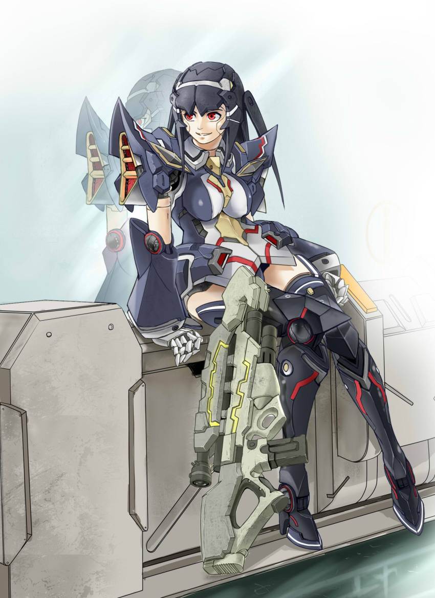 1girl, android, black_hair, breasts, gun, highres, lisa_(pso2), long_hair