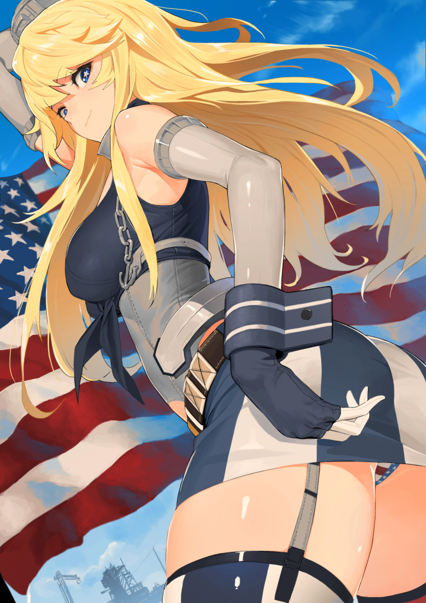 1girl, american_flag, american_flag_panties, anchor, arm_up, bangs, belt, blonde_hair