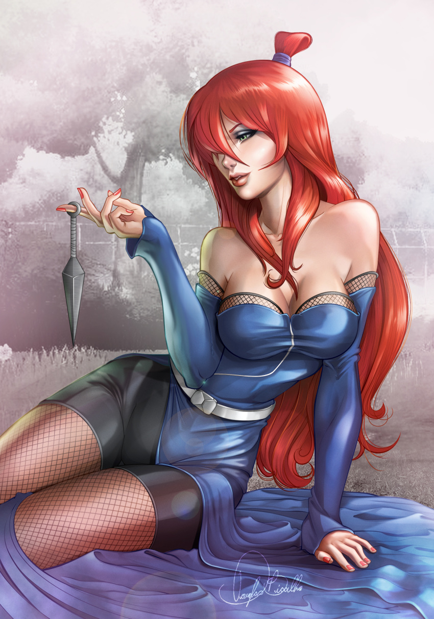 1girl, absurdres, bare_shoulders, breasts, cleavage, douglas_bicalho, fishnet_pantyhose, fishnets, green_eyes, hair_over_one_eye, highres, kunai, large_breasts, long_hair, nail_polish, naruto, pantyhose, redhead, shorts_under_dress, signature, sitting, solo, terumi_mei, weapon