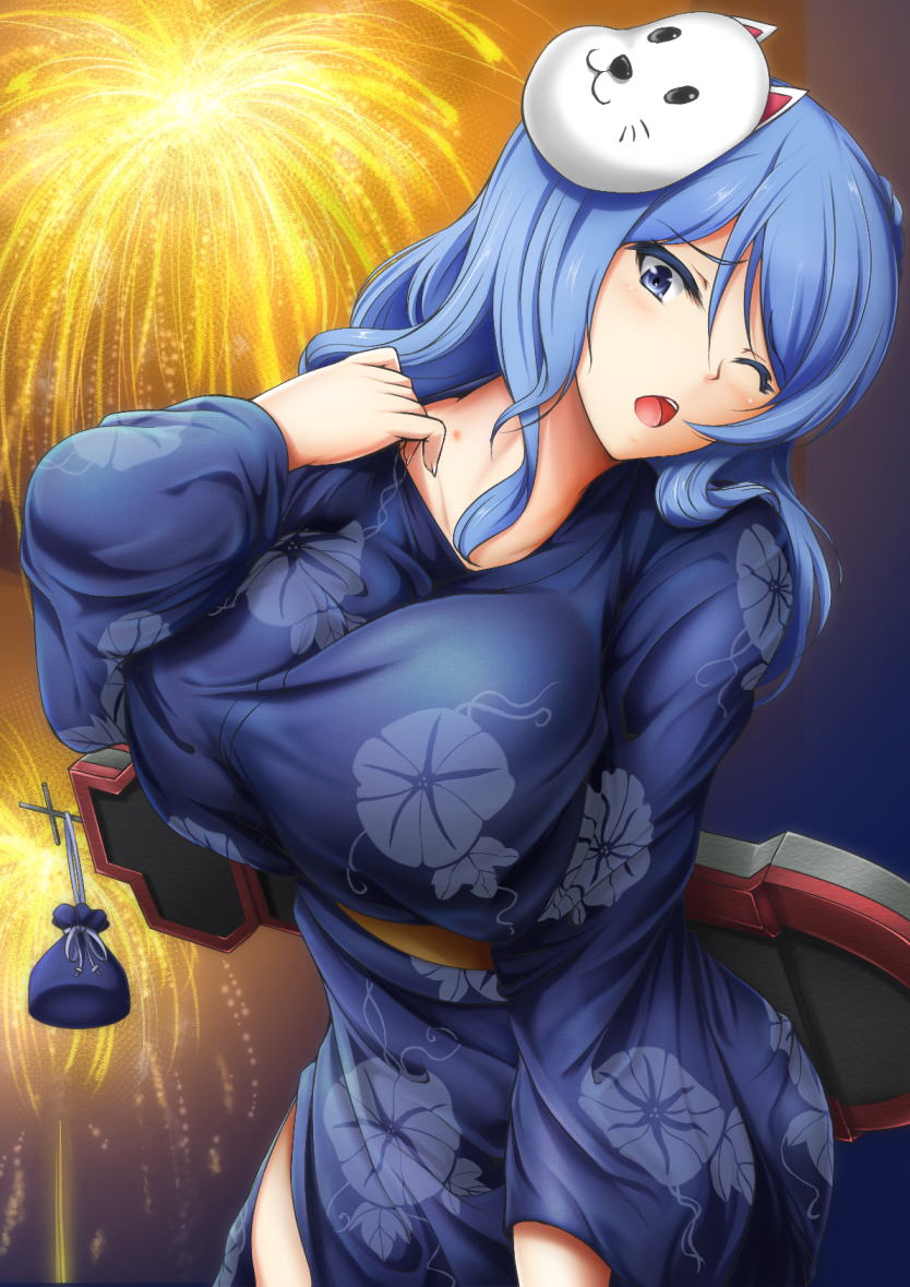 1girl, blue_eyes, blue_hair, blush, bol_(liliymimi), breasts, bug_bite, cat_mask