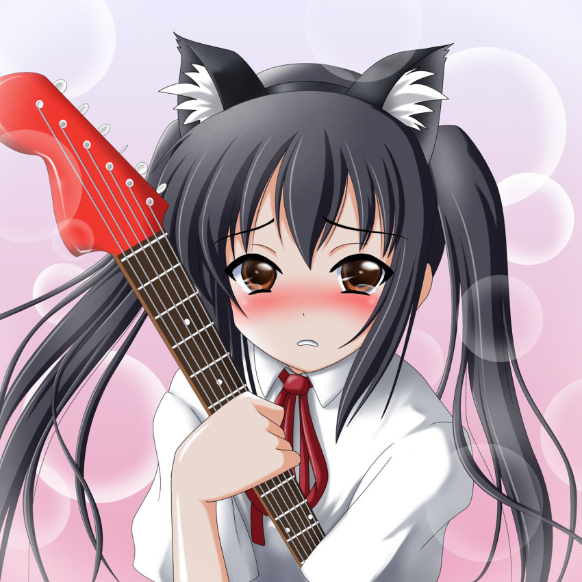 black_hair, blush, brown_eyes, cat_ears, final_(artist), guitar, highres, instrument, k-on!, long_hair, nakano_azusa, school_uniform, solo, tears, twintails