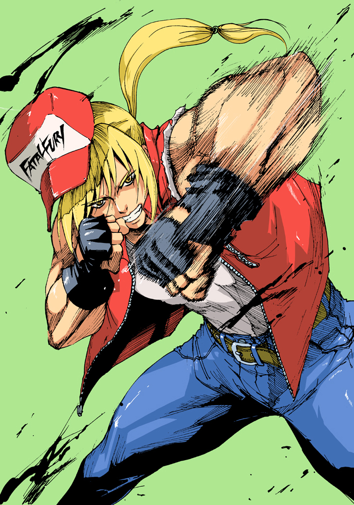 10ro, 1boy, baseball_cap, blonde_hair, denim, fatal_fury, fingerless_gloves, gloves, hair_down, hat, jacket, jeans, long_hair, looking_at_viewer, male_focus, muscle, pants, ponytail, punching, snk, solo, tank_top, terry_bogard, the_king_of_fighters, yellow_eyes