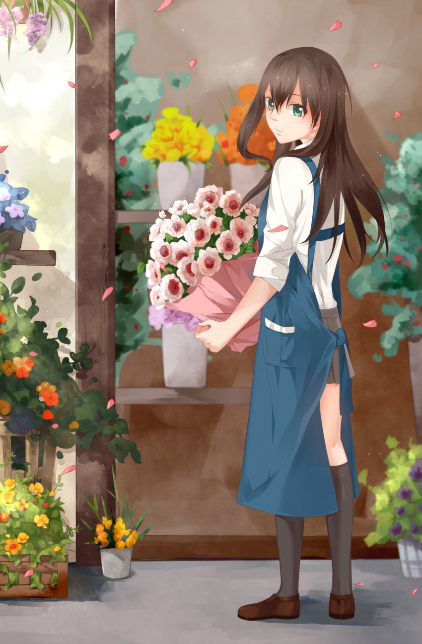 1girl, apron, brown_hair, florist, flower, flower_pot, flower_request, green_eyes