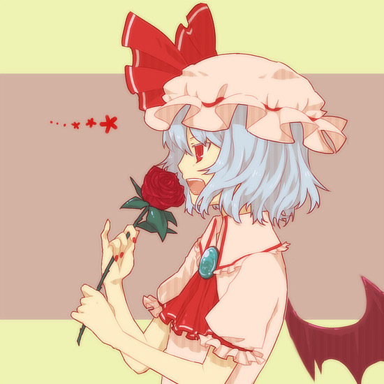 blue_hair, flower, hat, mimana, nail_polish, red_eyes, remilia_scarlet, rose, short_hair, solo, touhou, wings