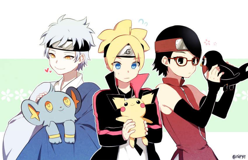 1girl, 2boys, black_hair, blonde_hair, blue_hair, boruto:_naruto_the_movie, crossover, forehead_protector