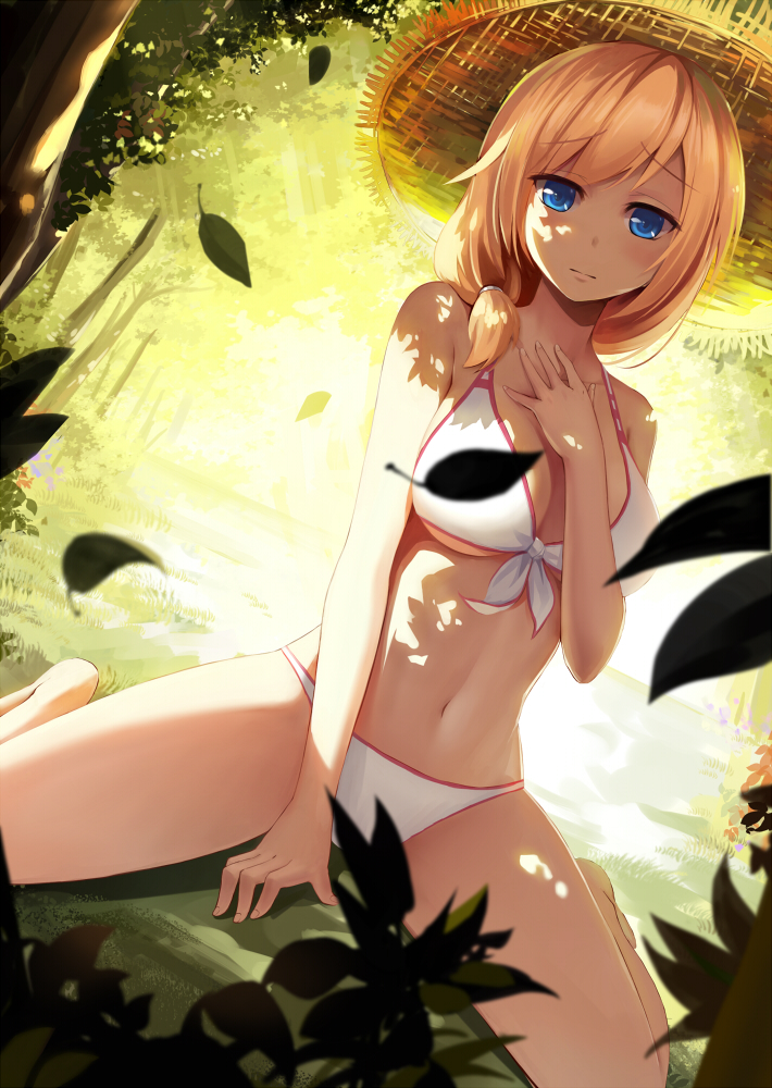 1girl, barefoot, blonde_hair, blue_eyes, breasts, dutch_angle, hair_over_shoulder, large_breasts
