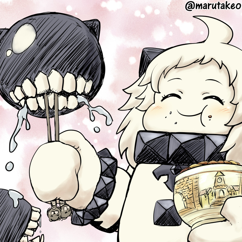 ahoge, artist_name, blush, chopsticks, closed_eyes, commentary_request, dress, eating, food, holding, horns, kantai_collection, long_hair, marutakeo, mittens, northern_ocean_hime, pale_skin, shinkaisei-kan, sleeveless, sleeveless_dress, twitter_username, white_dress, white_hair, white_skin