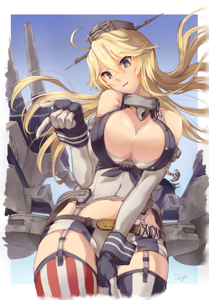 absurdres, armadillo-tokage, blonde_hair, blue_eyes, breasts, cleavage, garter_straps, gloves